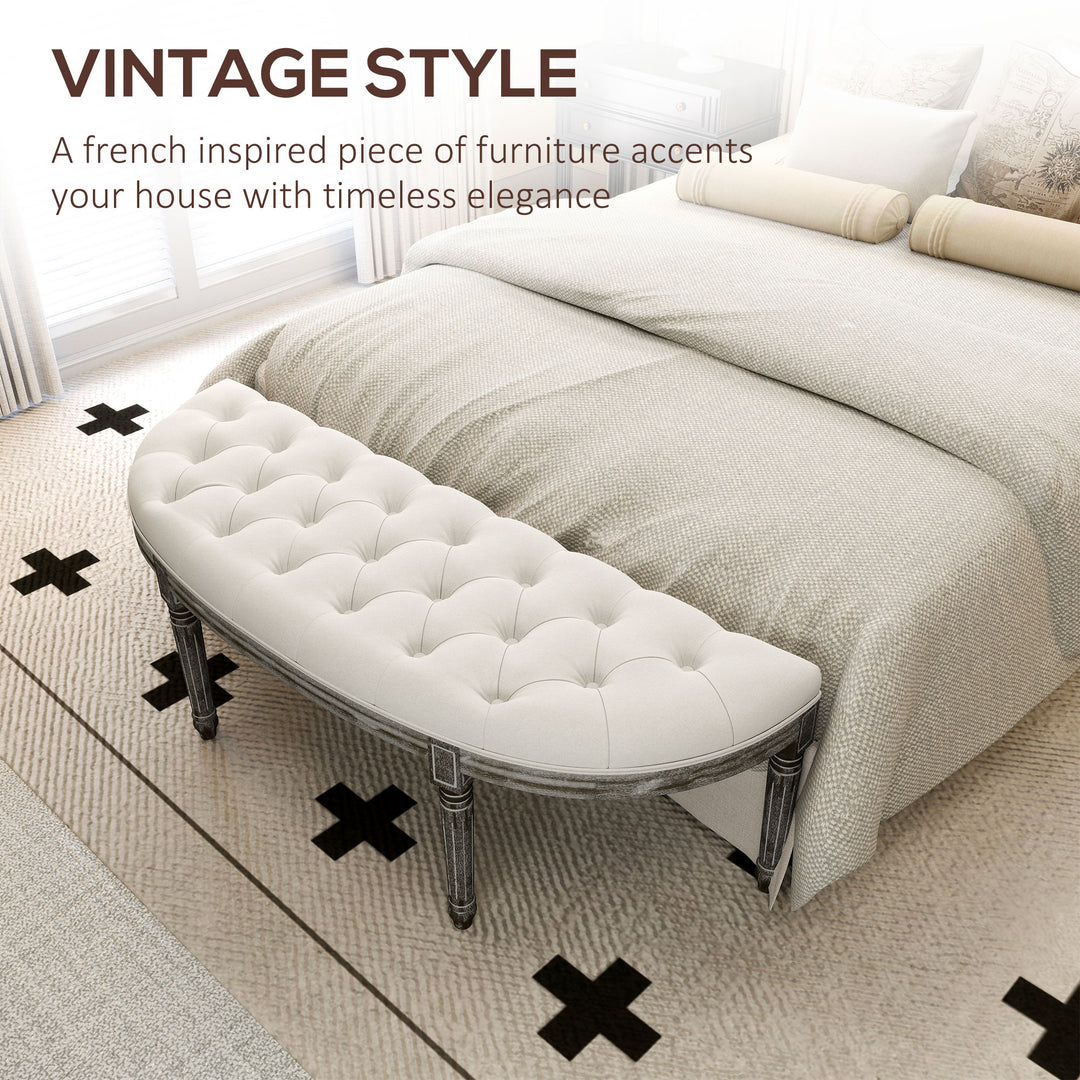 MCL Half-Circle End Bench Ottoman Footstool Tufting Padded Seat Brushed Wood Base Antique Accents Home Seat Furniture Cream White and Light Wood Grain Leg