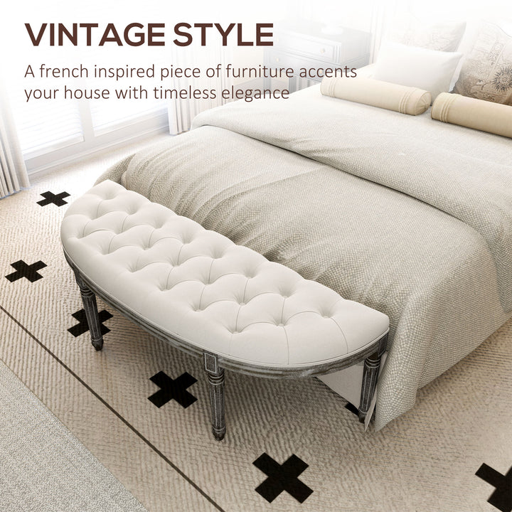 MCL Half-Circle End Bench Ottoman Footstool Tufting Padded Seat Brushed Wood Base Antique Accents Home Seat Furniture Cream White and Light Wood Grain Leg