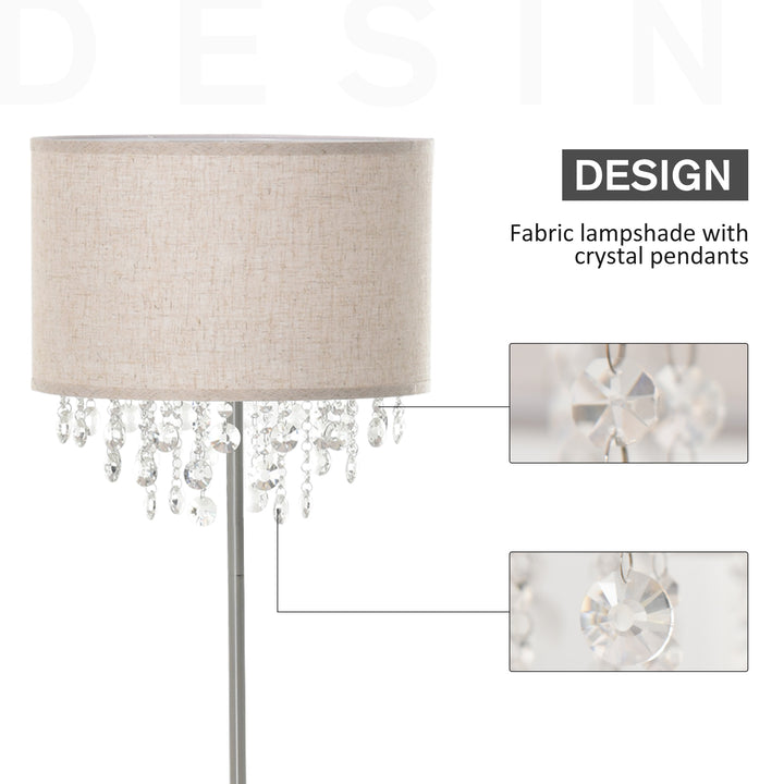 HOMCOM Modern Steel Floor Lamp with Crystal Pendant Fabric Lampshade Floor Switch, Home Style Standing Light, Silver and Cream White