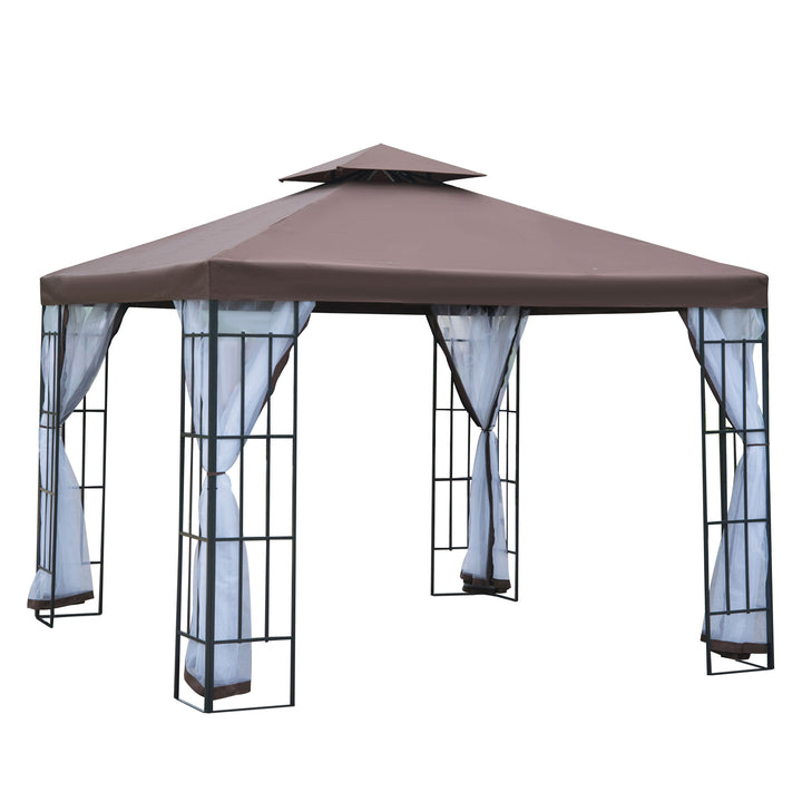 MCL 3 x 3(m) Patio Gazebo Canopy Garden Pavilion Tent Shelter with 2 Tier Roof and Mosquito Netting, Steel Frame, Coffee