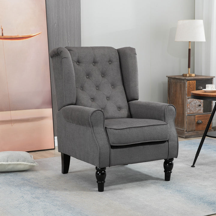 HOMCOM Retro Accent Chair, Wingback Armchair with Wood Frame Button Tufted Design for Living Room Bedroom, Dark Grey