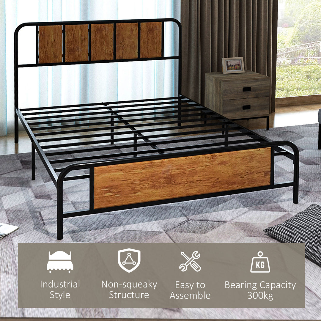 4.8ft Double Bed Frame with Industrial Wood Headboard, Steel Slat Support and 25.5cm Underbed Storage Space, 145 x 199cm, Rustic Brown