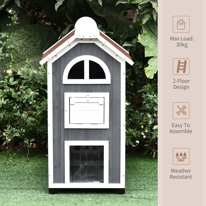 Wooden Cat House, Weatherproof Pet Shelter, Outdoor Cat Condos Cave, 2 Floor Furniture, Grey and White