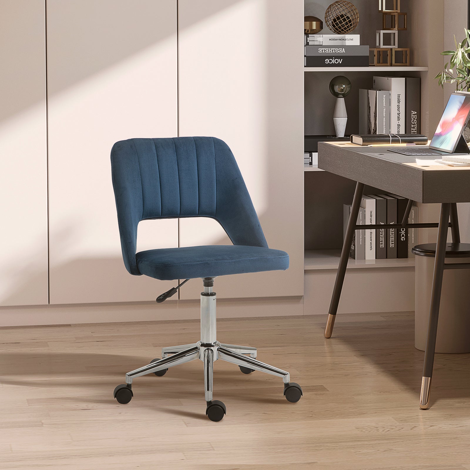 Armless Velvet-Feel Office Chair - Dark Blue