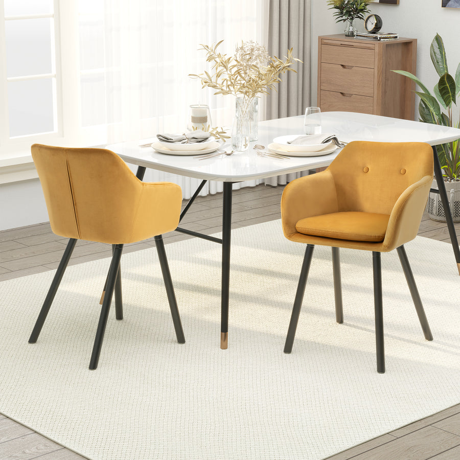 Dining Chairs Set of 2 Modern Upholstered Fabric Velvet-Touch Leisure Chairs with Backrest and Armrests, Lounge Reception Chairs for Home Office Kitchen Counter, Yellow