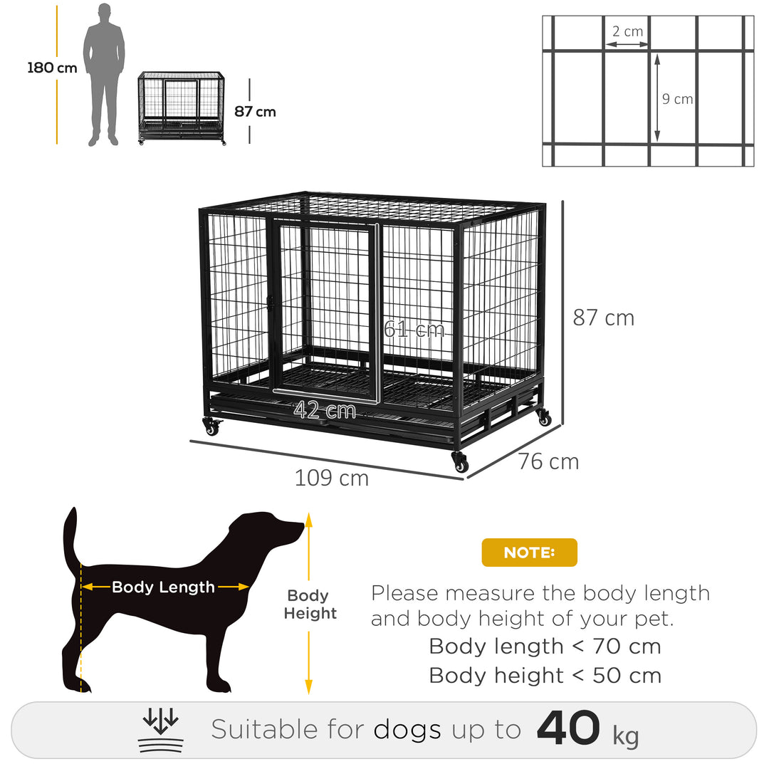 PawHut 43" Heavy Duty Metal Dog Kennel Pet Cage with Crate Tray and Wheels - Black (Large) | Aosom UK