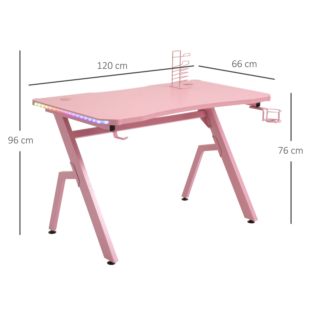 HOMCOM Gaming Desk Racing Style Home Office Ergonomic Computer Table Workstation with RGB LED Lights, Controller Rack & Cable Management, Pink