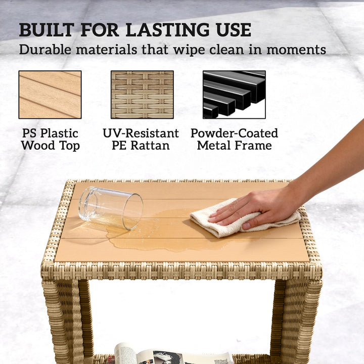Side Table 2-Tier Outdoor Coffee Table with Storage Shelf PS Wood Slat