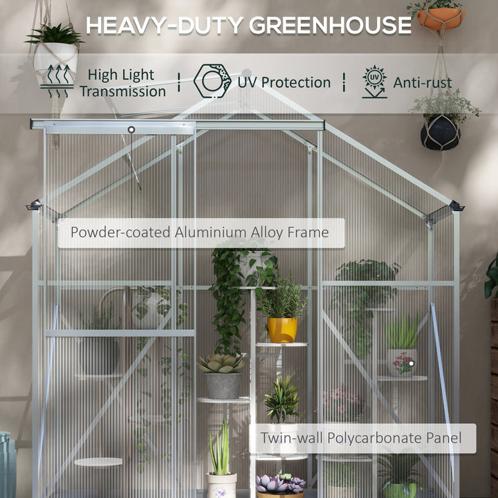 6 x 2.5ft Polycarbonate Greenhouse Walk-In Green House with Rain Gutter, Sliding Door, Window, Foundation, Silver