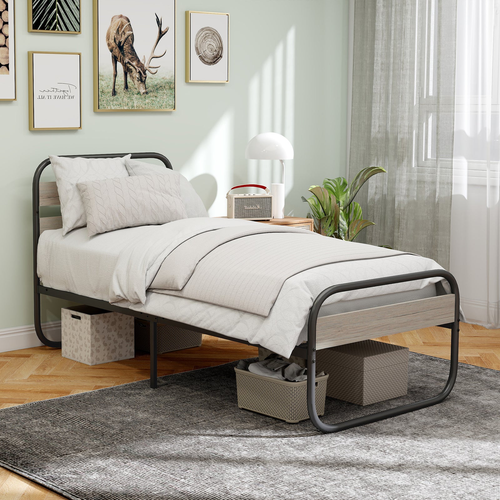 3ft Single Bed Frame, Industrial Style Metal Platform Bed Frame with Under Bed Storage, No Box Spring Needed, Easy Assembly, Grey