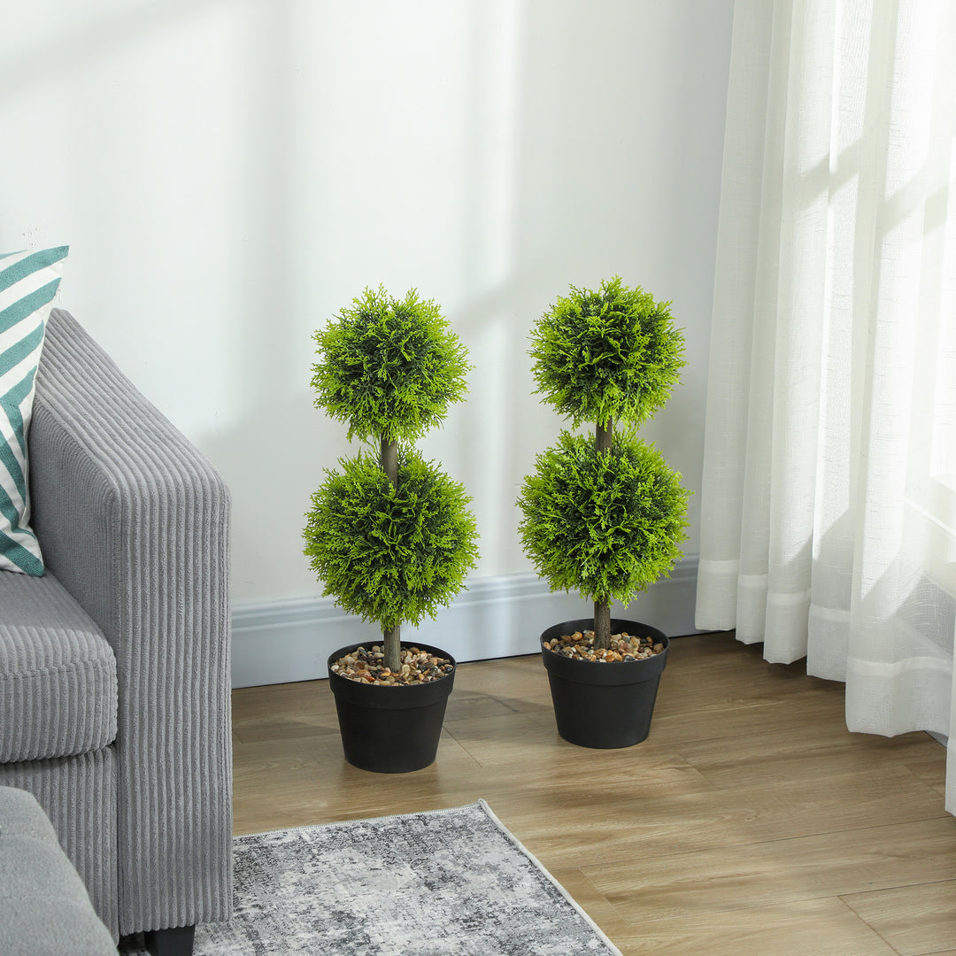 Set of 2 Decorative Artificial Plants, 60cm Faux Topiary Cypress Ball Trees with Plastic Pot and Pebbles, Fake Plants for Home Office Decor, Green