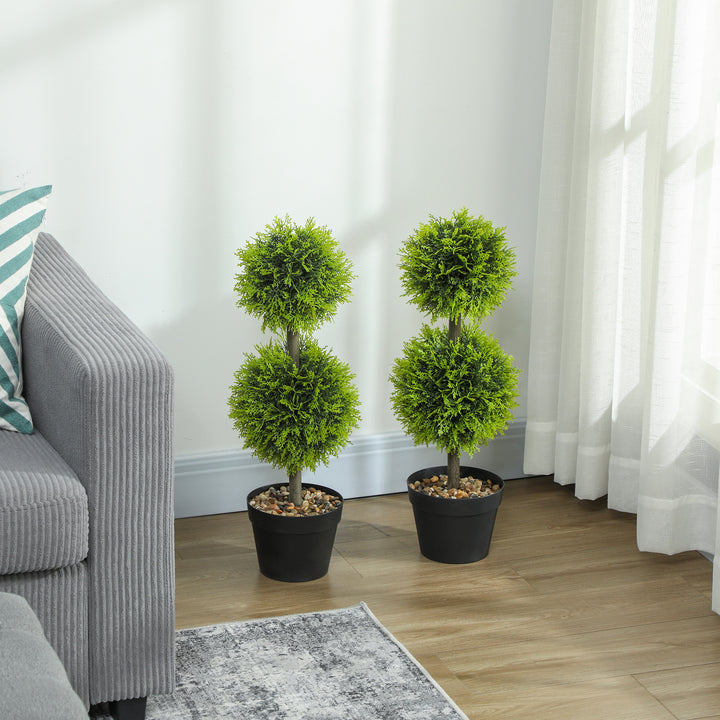 Set of 2 Decorative Artificial Plants, 60cm Faux Topiary Cypress Ball Trees with Plastic Pot and Pebbles, Fake Plants for Home Office Decor, Green