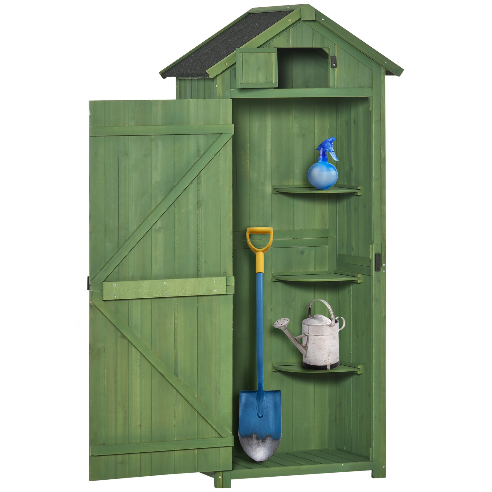 Small Shed, Tall Slim Wooden Garden Shed with 3 Removable Shelves and Roof Hatch, Compact Outdoor Tool Storage Cabinet with Asphalt Roof and Door Latch, 77 x 54.2 x 179 cm, Green