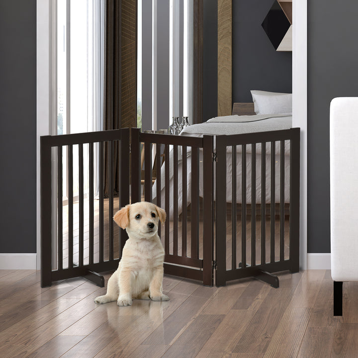 Freestanding Dog Gate, Foldable Pet Fence, Indoor Barrier, Stair Gate with Support Feet, 155 x 76 cm, Brown