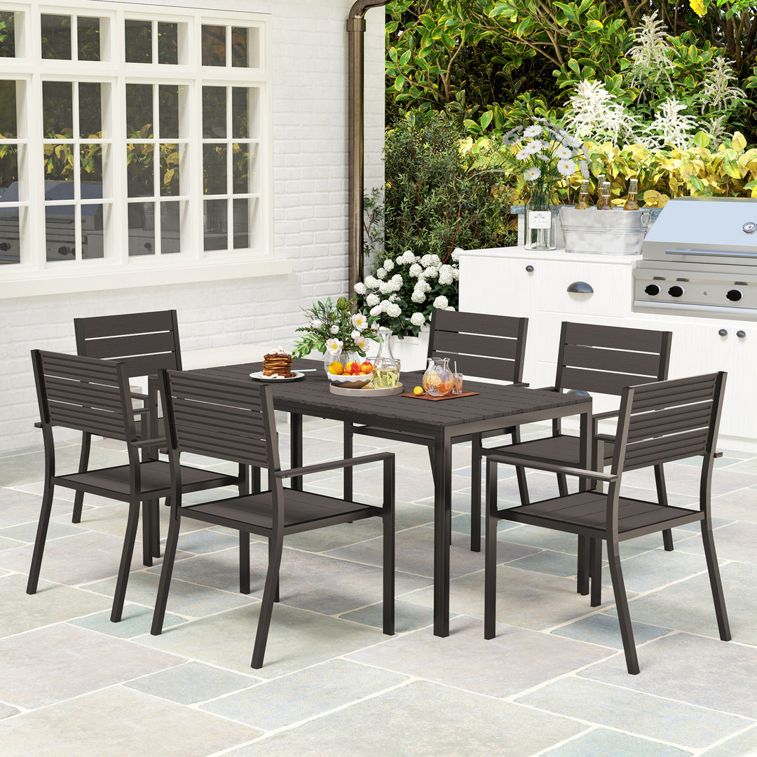 7 Piece Garden Furniture Set, 160 x 80 cm Rectangle Table and 6 Stackable Chairs Set, Outdoor Dining Set for Balcony, Deck, Dark Brown