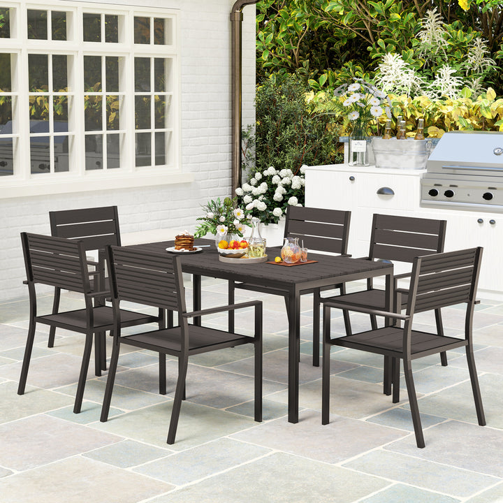 7 Piece Garden Furniture Set, 160 x 80 cm Rectangle Table and 6 Stackable Chairs Set, Outdoor Dining Set for Balcony, Deck, Dark Brown