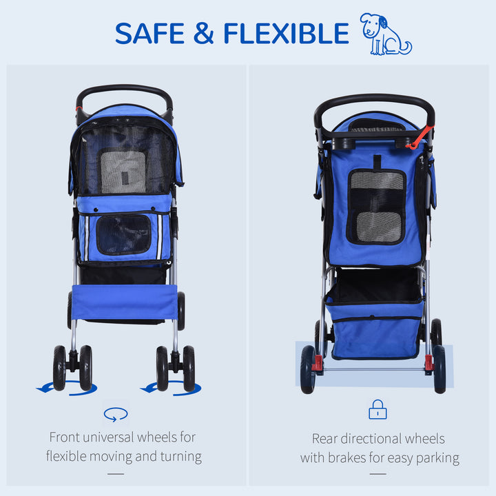 PawHut Small Dog Stroller, Lightweight, Folding, Rain Protection, Drink Holder, Basket, Safety Reflectors, Blue | Aosom UK