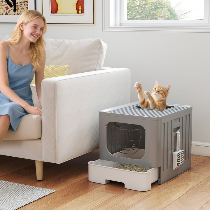 Foldable Cat Litter Box with Lid, Slide-Out Drawer, Scoop, Easy Clean, Odour Control, Anti-Splashing