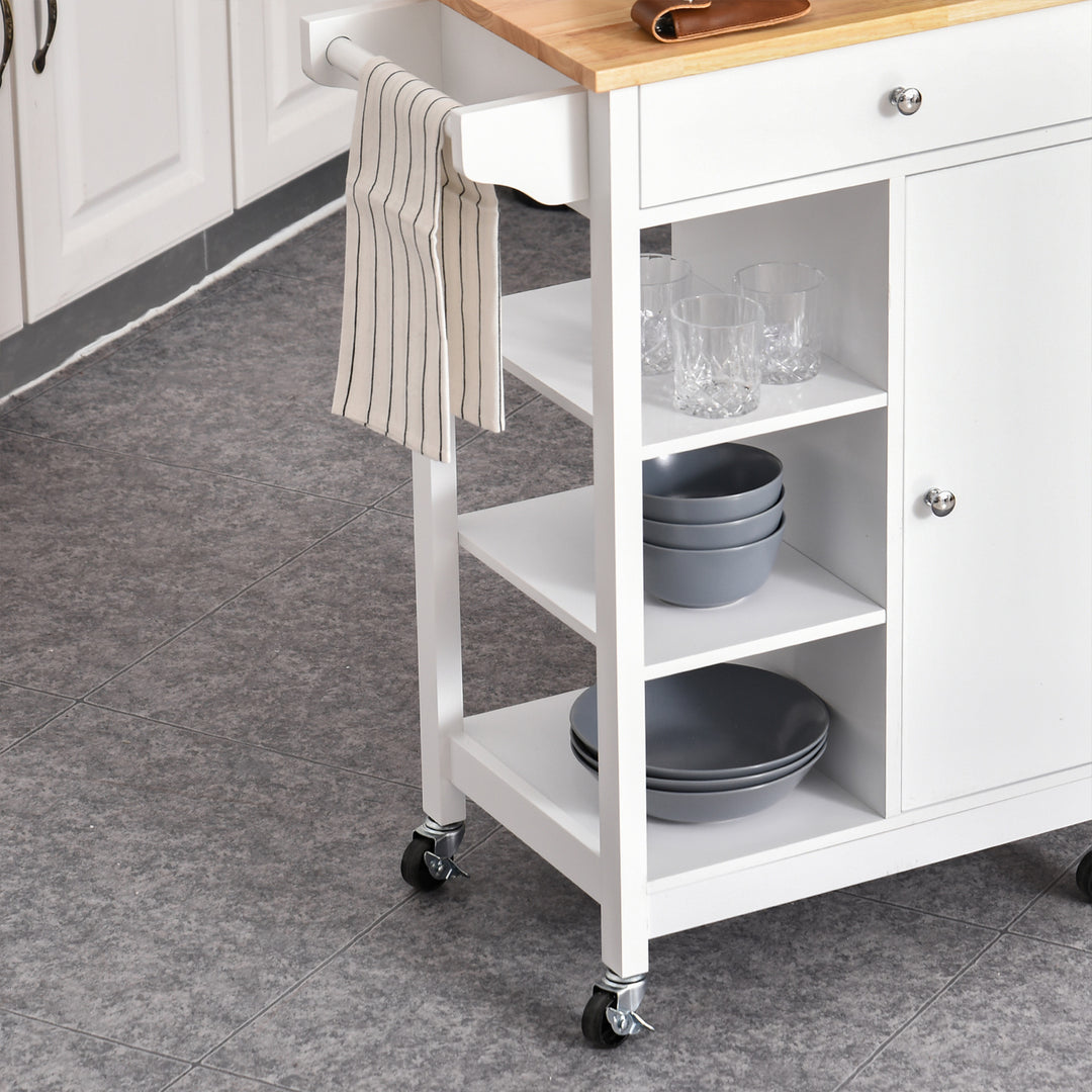 HOMCOM Kitchen Storage Trolley Unit w/ Wood Top 3 Shelves Cupboard Drawer Rail 4 Wheels Handles Moving Shelf Handy Spacesaver White | Aosom UK