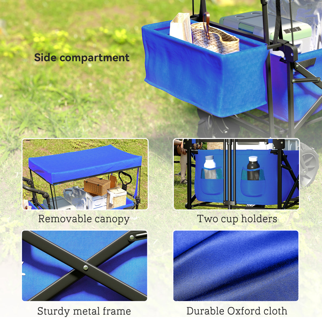 Folding Trolley Cart Storage Wagon Beach Trailer 4 Wheels with Handle Overhead Canopy Cart Push Pull for Camping, Blue