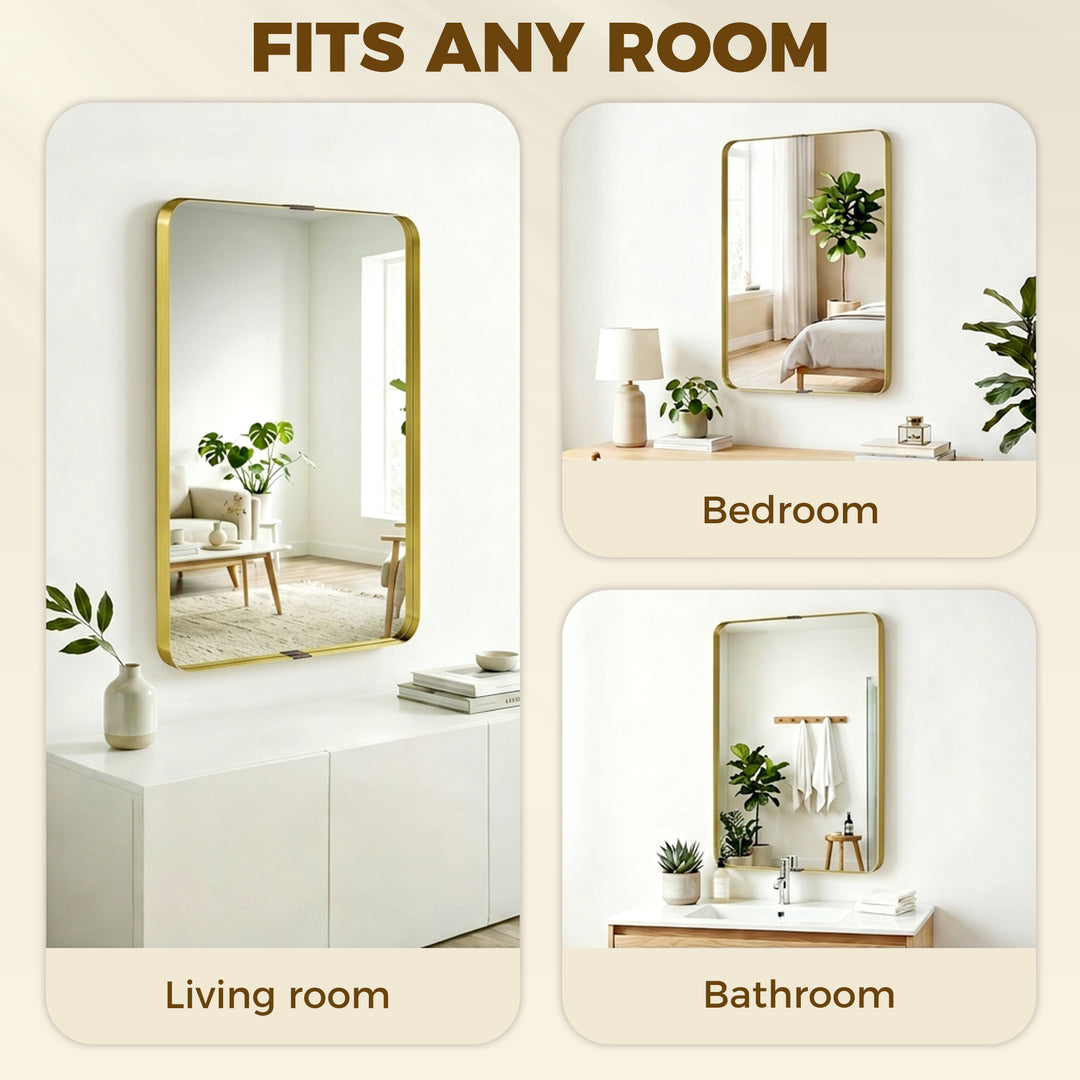 Rectangular Wall Mirror, 90 x 60 cm Wall Mounted Bathroom Mirror w/ Al