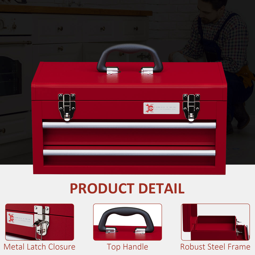 DURHAND Metal Tool Box with Lock, 2 Drawer Chest, Latches, Ball Bearing Runners, Portable, Red | Aosom UK