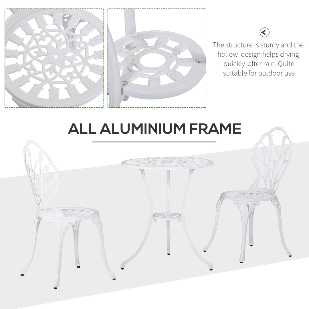 3 Piece Patio Bistro Set for 2, Outdoor Aluminium Garden Table and Chairs with Umbrella Hole for Balcony, White