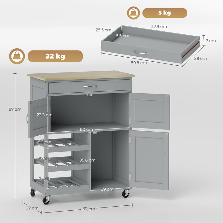 MCL Modern Kitchen Trolley, Rolling Island Storage Cart with Drawer, 9-bottle Wine Rack, Door Cabinets, Wooden Countertop, Grey