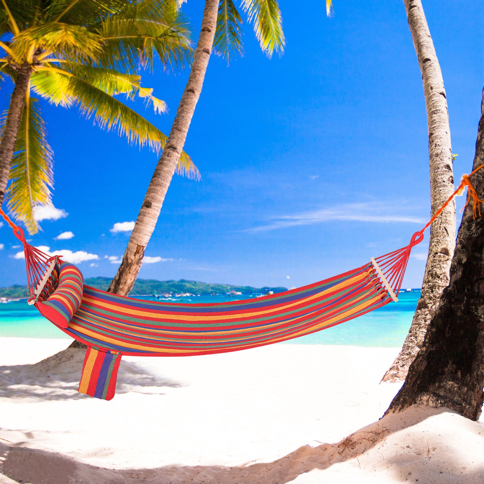 Cotton Hammock Soft Portable Swing Sleeping w/ Headrest & Side Pocket Deluxe Swing Chair for Beach, Yard, Bedroom, Patio, Porch, Indoor, Outdoor，270 x 80 cm