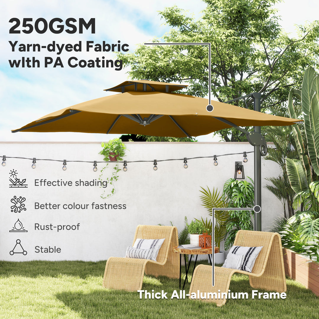 Garden Parasol, 3(m) Cantilever Parasol with Hydraulic Mechanism, Dual Vented Top, 8 Ribs, Cross Base, Khaki