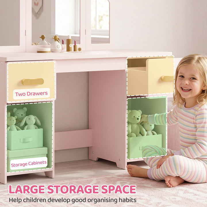 Kids Dressing Table, Kids Vanity Table and Chair Set with Tri-Folding 