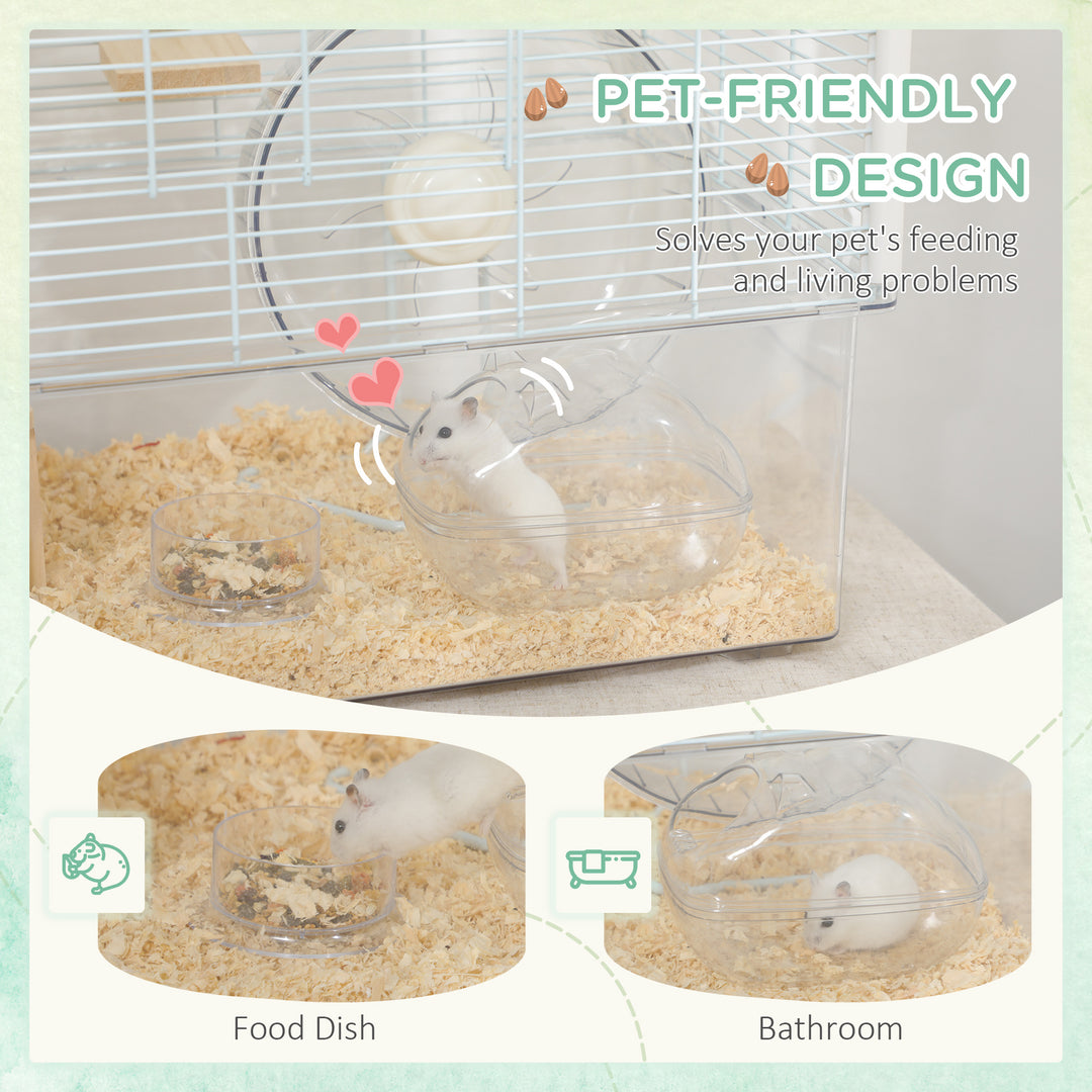 PawHut Hamster Cage, Gerbilarium Cage, Wooden Ramp, Exercise Wheel, Food Bowl, Natural Tone and White | Aosom UK