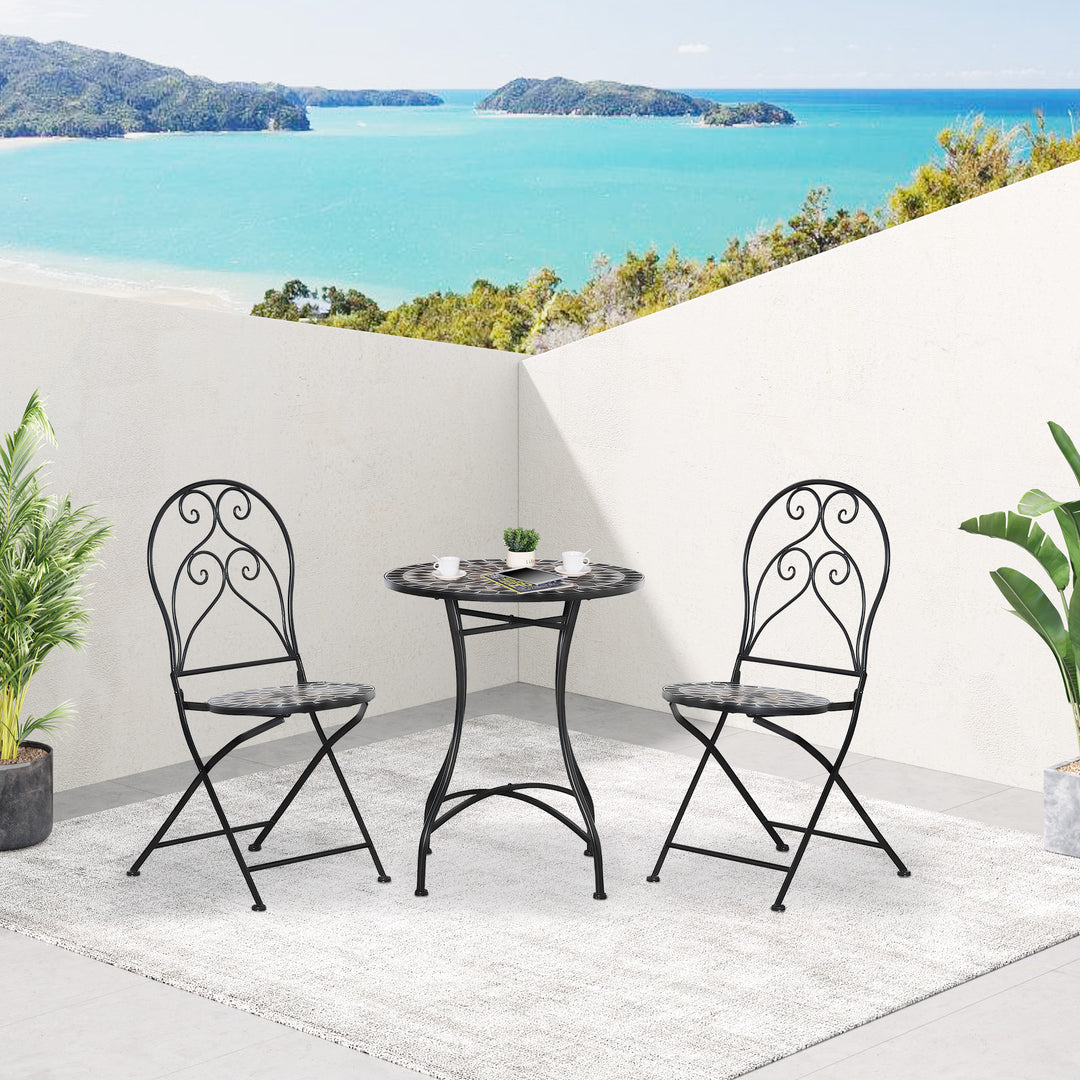3 Pieces Garden Bistro Set with Coffee Table and 2 Folding Single Chairs, Mosaic Garden Table Top and Seats, Metal Frame, for Patio Balcony, Black