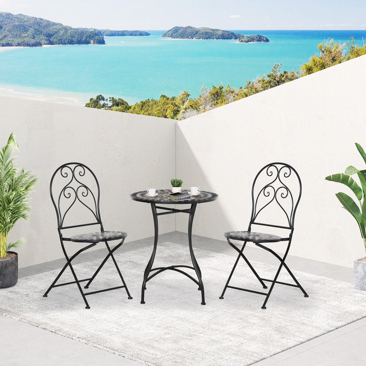 3 Pieces Garden Bistro Set with Coffee Table and 2 Folding Single Chairs, Mosaic Garden Table Top and Seats, Metal Frame, for Patio Balcony, Black