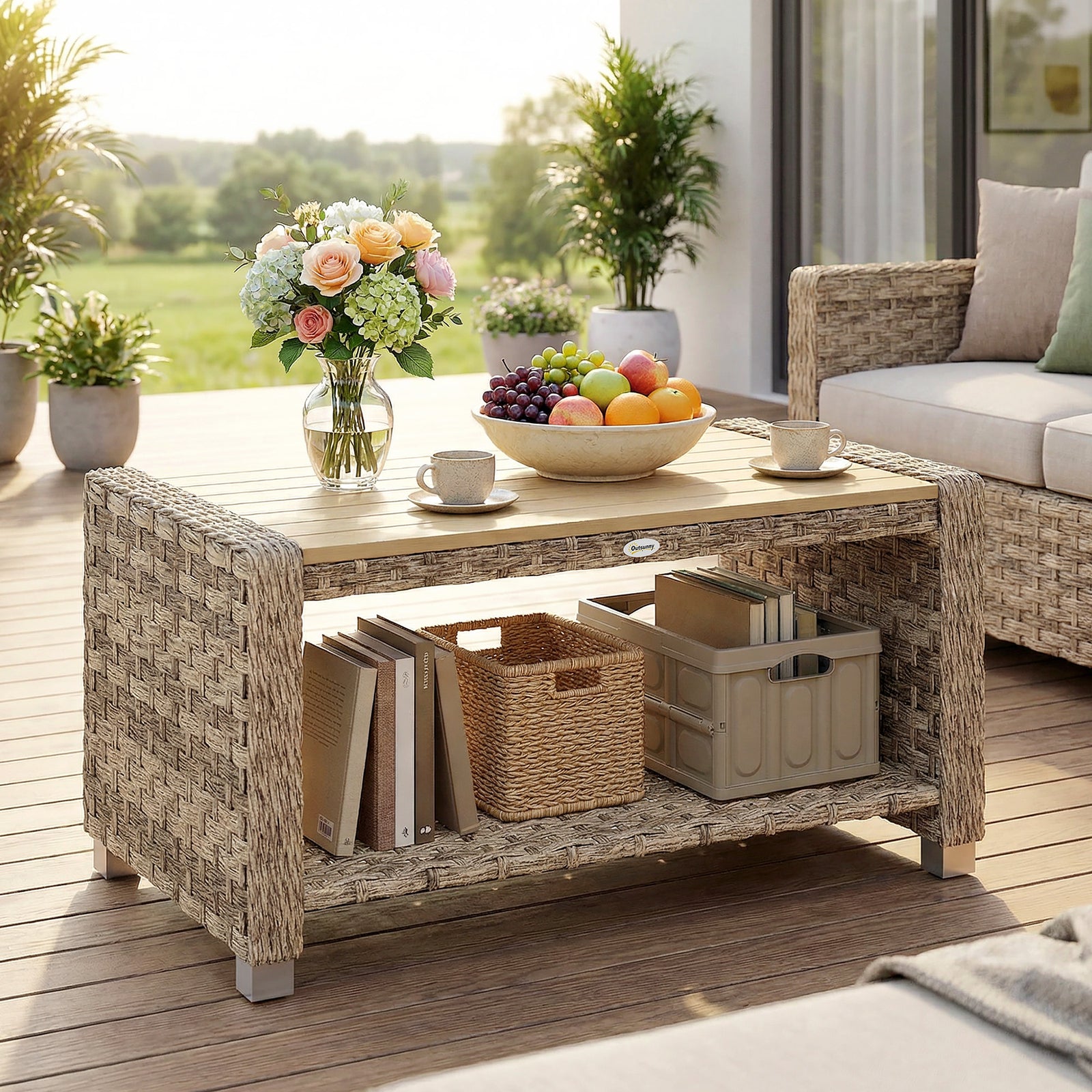 Outdoor Coffee Table with Storage Shelf, PE Rattan Side Table with Sla