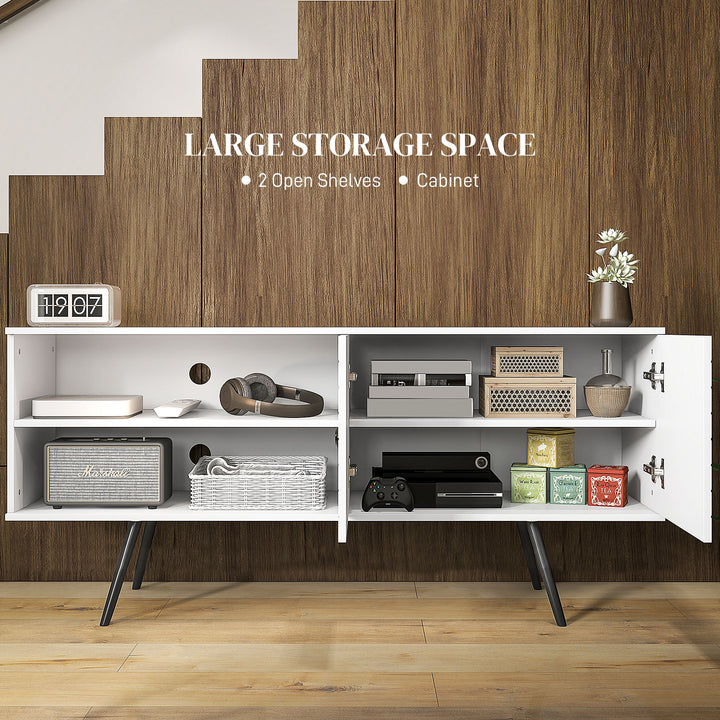 TV Stand with Cupboard, Open Shelves, Striped Doors, Wooden legs, White