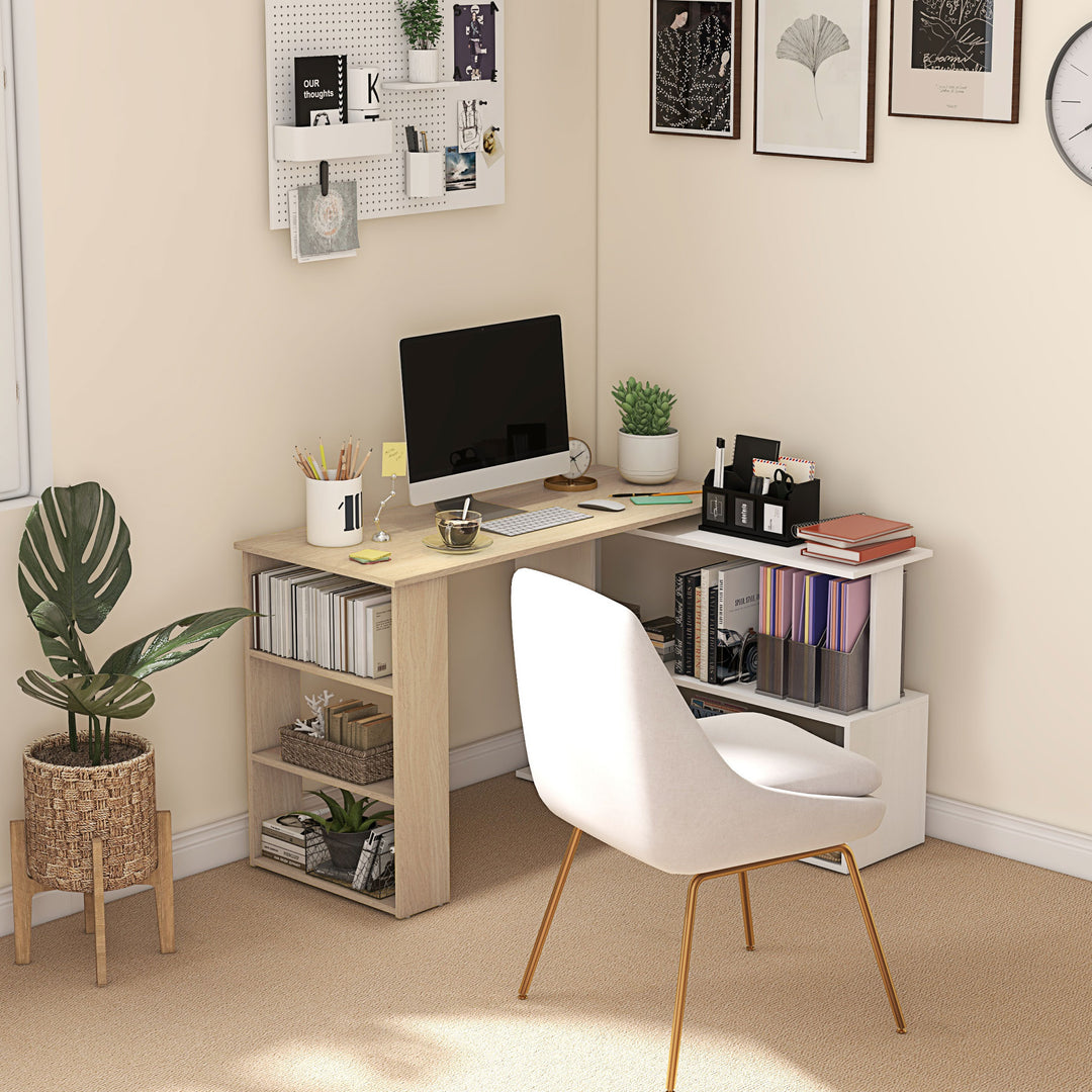 Corner Computer Desk, L Shaped Desk with 360° Rotating Bookshelf, 120L