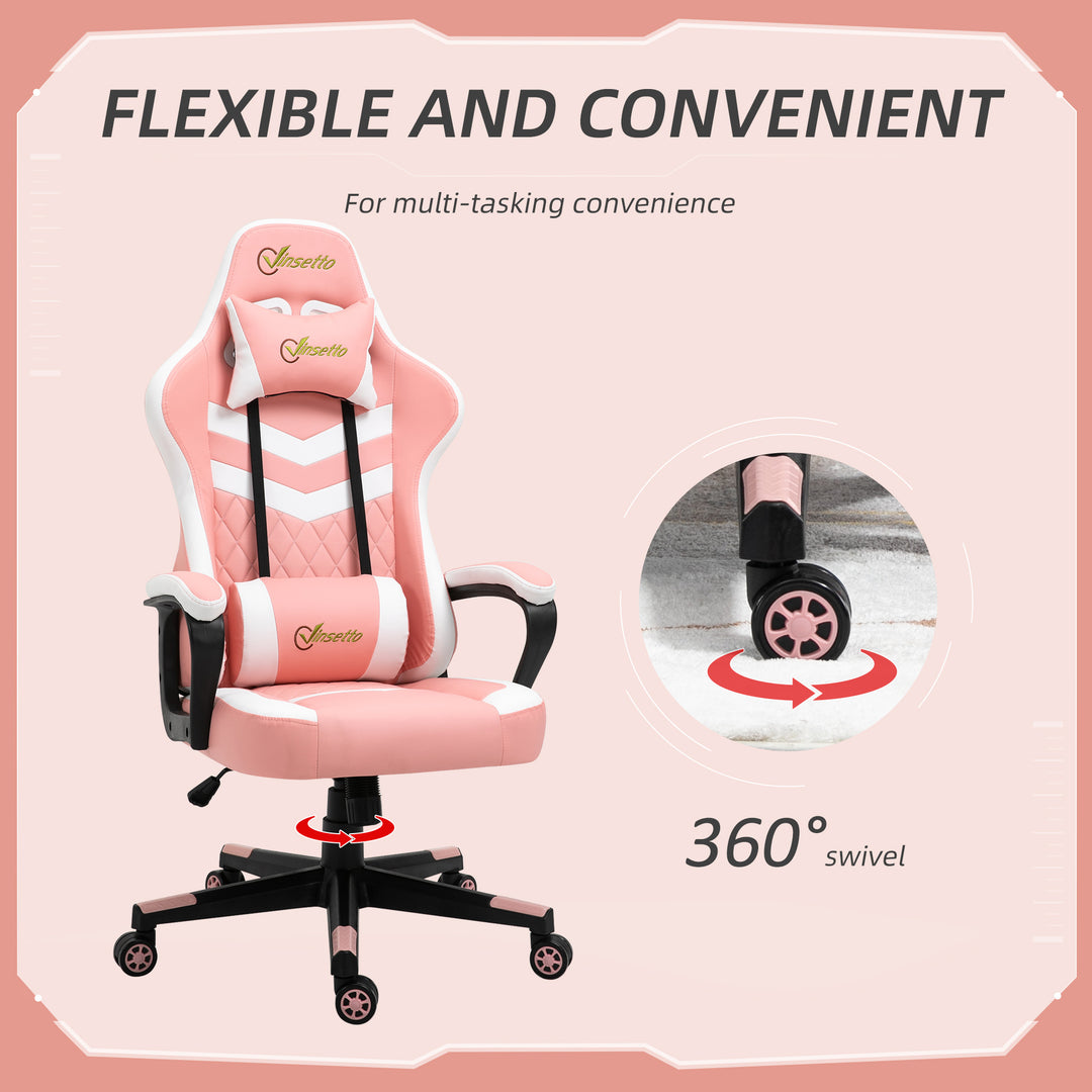 Vinsetto Racing Gaming Chair with Lumbar Support, Headrest, Swivel Wheel, PVC Leather Gamer Desk Chair for Home Office, Pink White