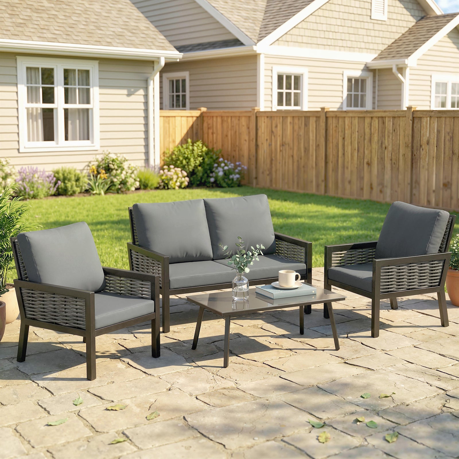 4 Seater Rattan Garden Furniture Set with 2 Armchairs, Loveseat, Coffe