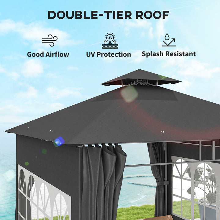 3 x 3 m Garden Gazebo, Double Roof Metal Gazebo with Removable Sidewalls and Church Windows, Outdoor Canopy Shelter, Dark Grey