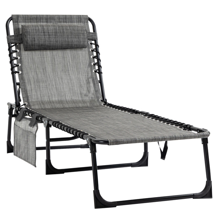 Outsunny Folding Sun Lounger, Portable Reclining Camping Bed with 5-Position Adjustable Backrest, Pillow Included, Mixed Grey