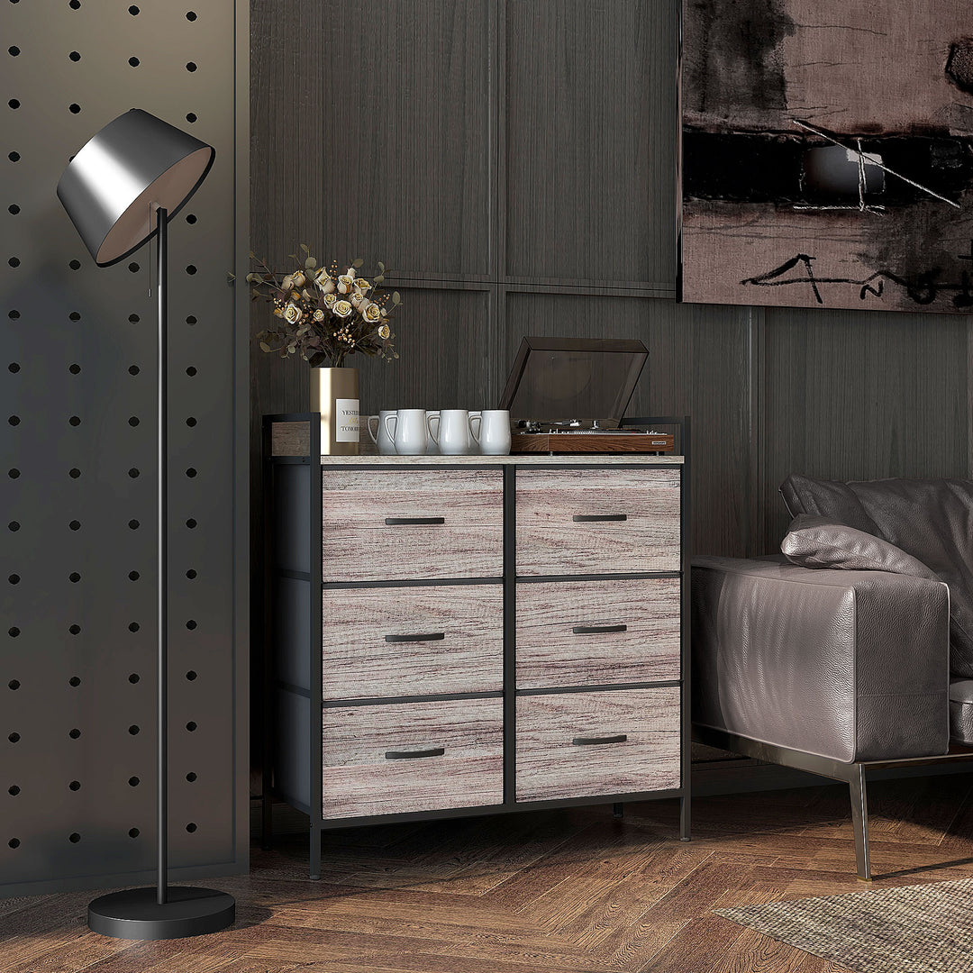 HOMCOM Rustic Chest of Six Fabric Drawers - Grey Wood Effect | Aosom UK