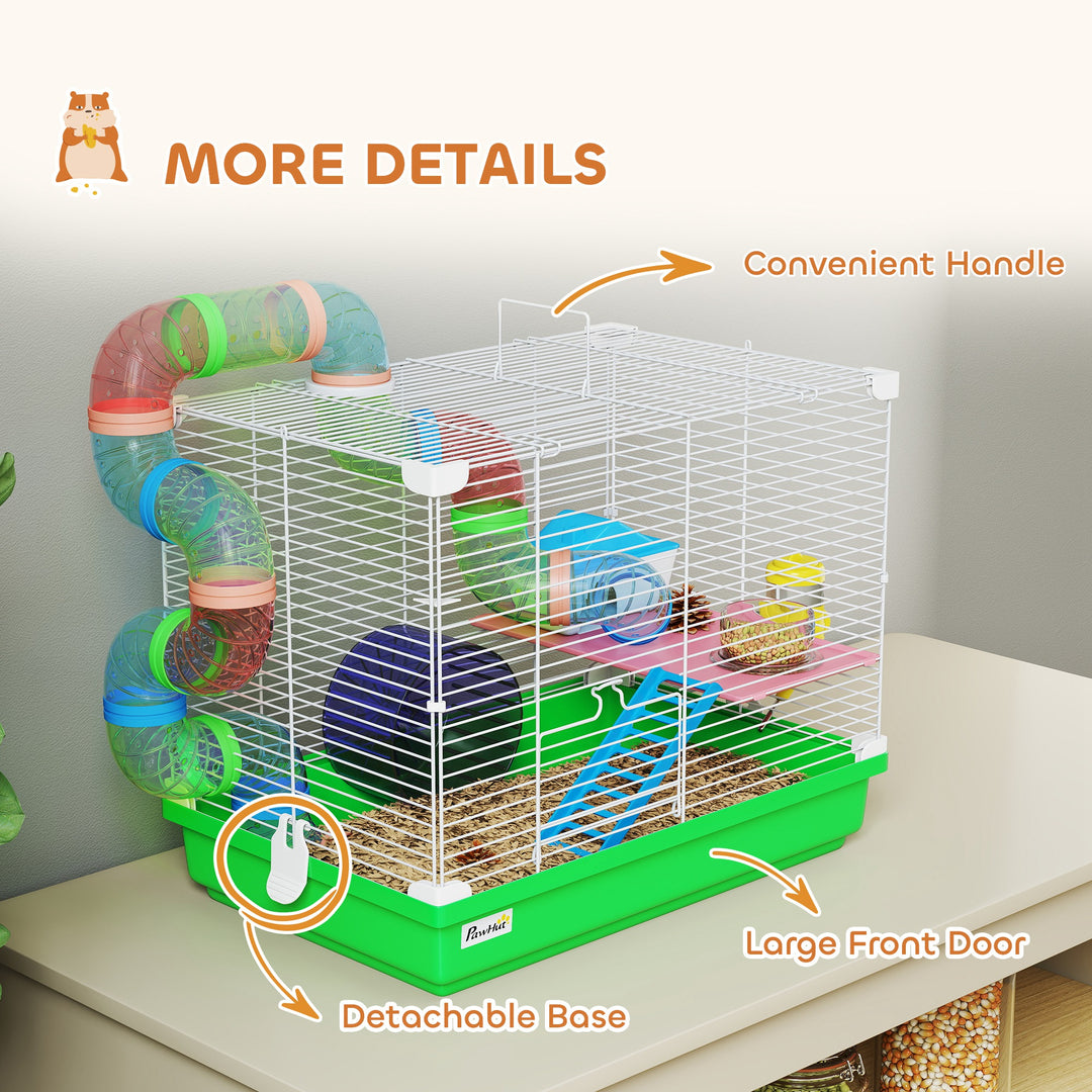 2 Tier Hamster Cage, Gerbil Cage with Handle, Exercise Wheels, Tunnel,