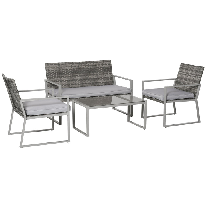 MCL 4PC Rattan Garden Furniture Set 2 Single Sofa Arm Chairs 1 Bench with Cushions & Coffee Table Patio Backyard Wicker Weave