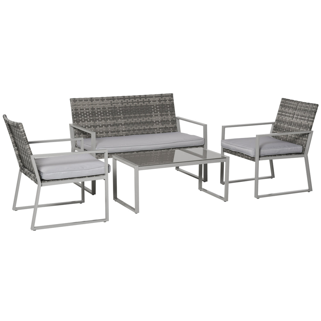 4PC Rattan Garden Furniture Set 2 Single Sofa Arm Chairs 1 Bench with Cushions & Coffee Table Patio Backyard Wicker Weave
