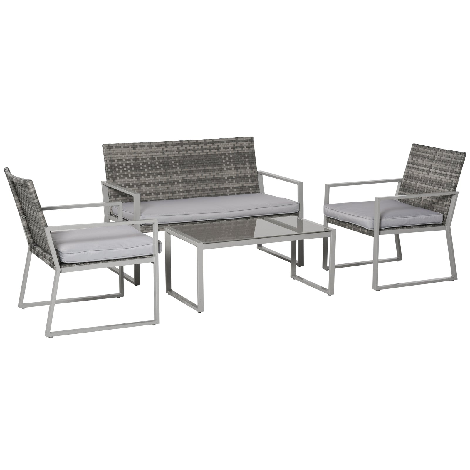 4PC Rattan Garden Furniture Set 2 Single Sofa Arm Chairs 1 Bench with Cushions & Coffee Table Patio Backyard Wicker Weave