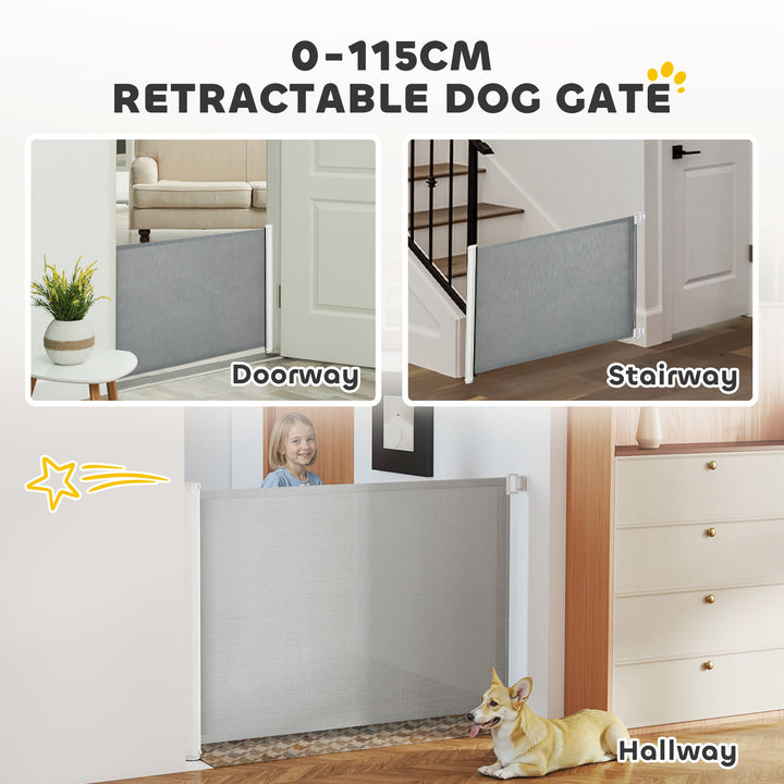 Retractable Stair Gate for Dogs, Pet Mesh Safety Gate Extends up to 115cm for Doorways Indoor- Grey