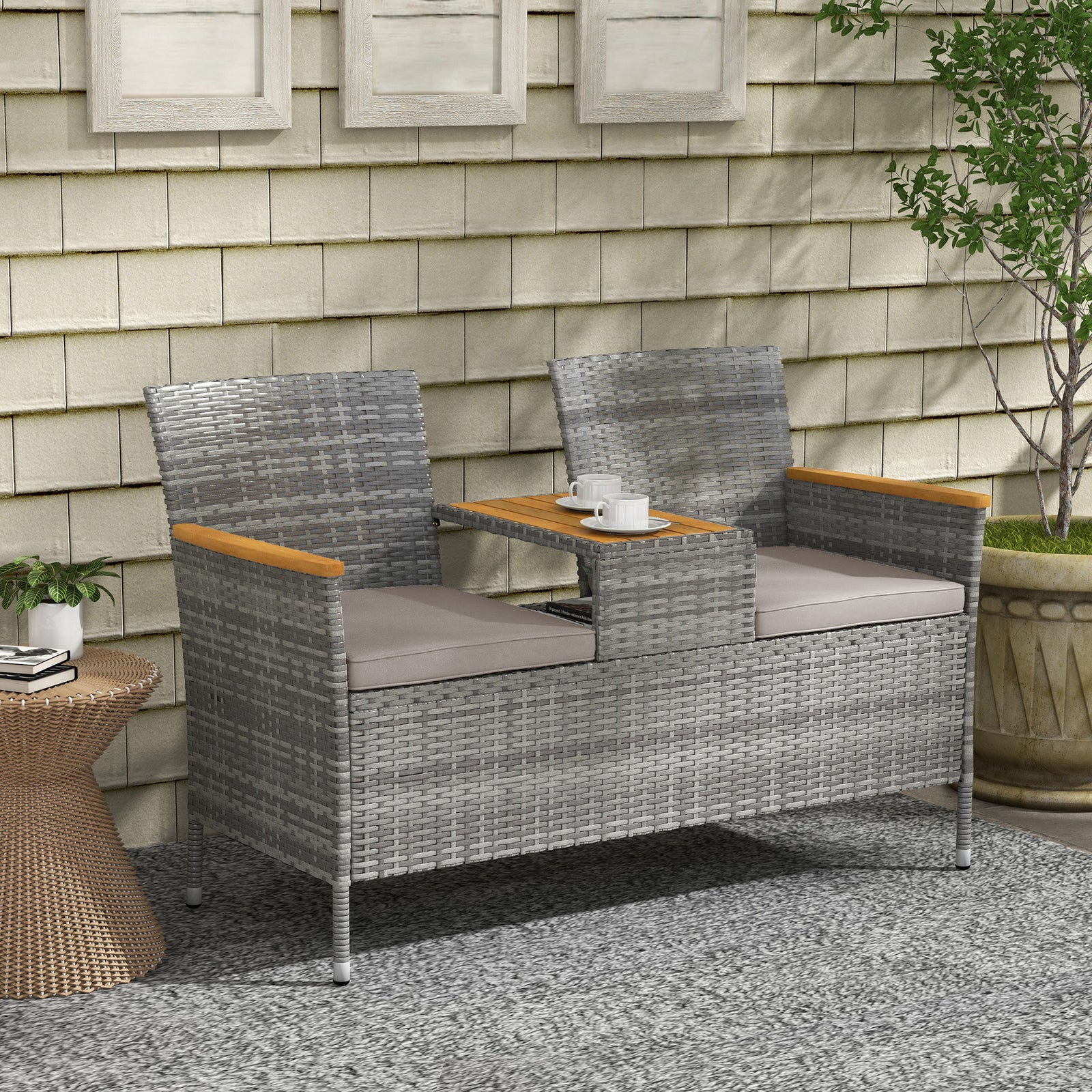 Two-Seat Rattan Loveseat, with Wood-Top Middle Table - Grey