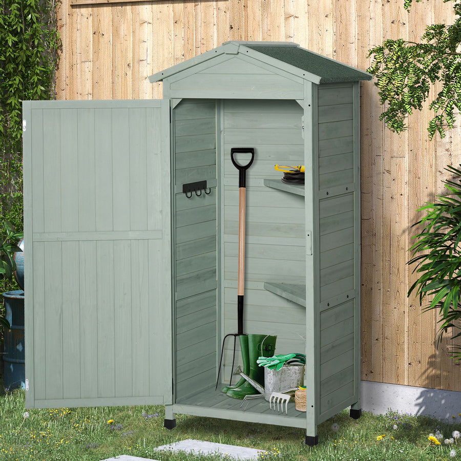 Wooden Garden Shed, Outdoor Storage Cabinet with 2 Shelves and Hooks, Locking Organiser Outdoor Narrow Tool House, 74x55x155cm, Green