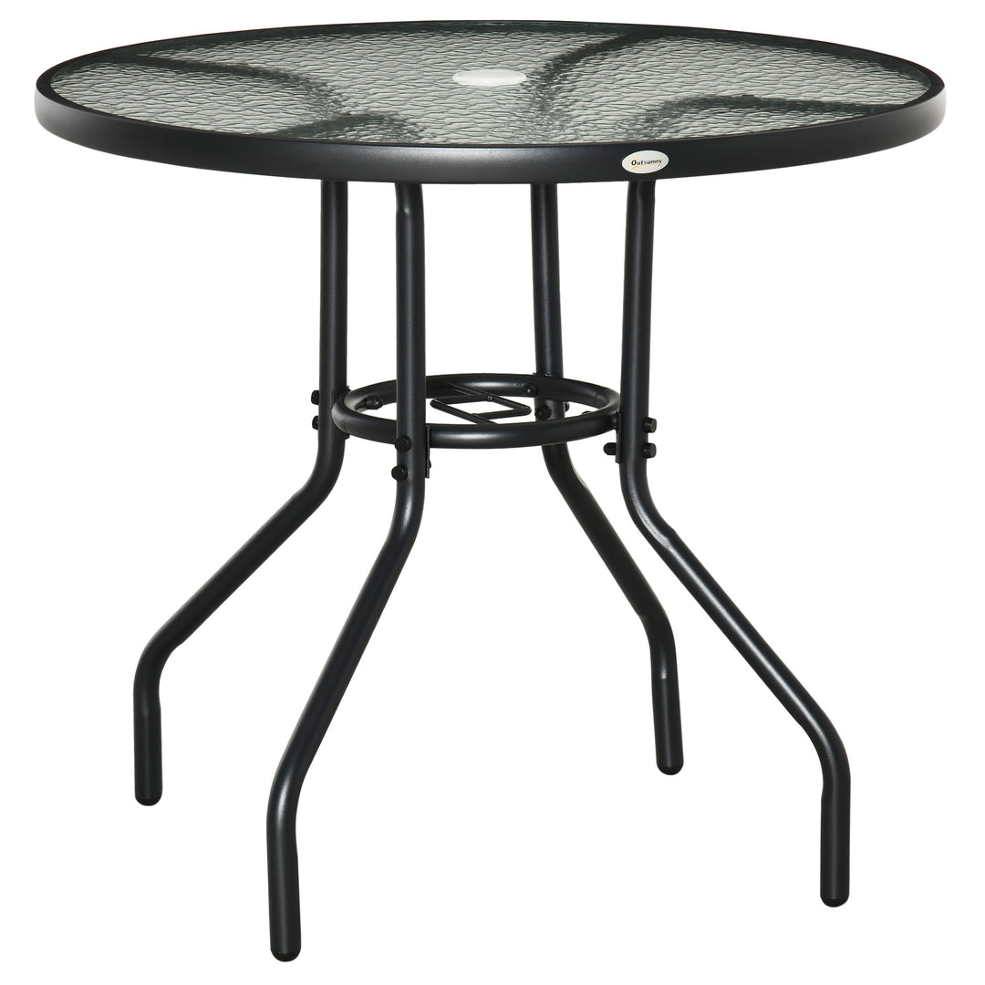MCL Outdoor 80cm Round Dining Table Tempered Glass Top Steel Frame Bistro Coffee End Side Table Garden w/ Parasol Hole